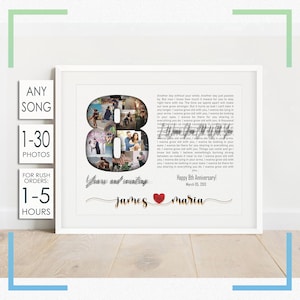 Custom 8th Anniversary Gift, Bronze Wedding Anniversary Gift for Husband, Number Photo Collage, Song Lyrics Art, First Dance Gift for Wife