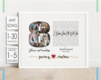 Custom 8th Anniversary Gift, Bronze Wedding Anniversary Gift for Husband, Number Photo Collage, Song Lyrics Art, First Dance Gift for Wife