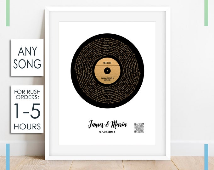 Custom Vinyl Lyrics Print, Personalised Music Poster, Lyric Wall Art, Unique Anniversary Gift, Wedding Song, Gift for Music Lover