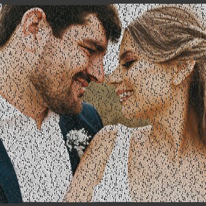 May include: A close-up of a couple smiling at each other. The man is wearing a dark blue suit jacket and a white shirt. The woman is wearing a white dress. The image is made up of small, white dots.