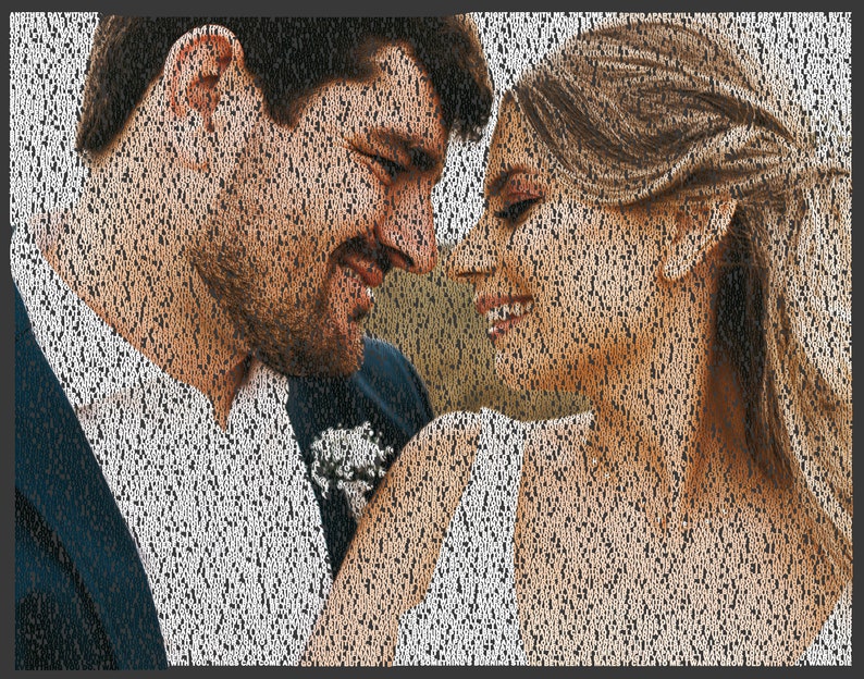 May include: A close-up of a couple smiling at each other. The man is wearing a dark blue suit jacket and a white shirt. The woman is wearing a white dress. The image is made up of small, white dots.