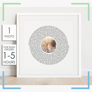 May include: A framed print with a circular design featuring a couple's photo in the center. The design is a spiral of text that reads "Another day without your smile..." and includes the names "James & Maria" and the date "March 12, 2023".