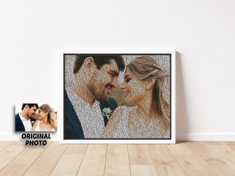 May include: A black and white photo of a couple looking at each other. The photo is made up of tiny black and white dots.