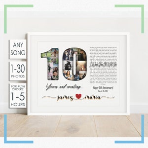 Cadeau d&#39;anniversaire de 10 ans, 10e anniversaire personnalisé, cadeau d&#39;anniversaire pour mari, cadeau en aluminium, collage de photos de nombre, art de mur de paroles de chanson