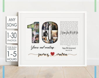 Collage de fotos del 10.º aniversario, letra de canción personalizada, regalo de aluminio (producto digital)