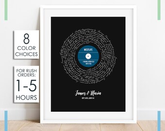 Arte de pared con letras de canciones en vinilo, regalo personalizado para pareja, regalo de aniversario para esposo, disco imprimible con letras de canciones para el primer baile.