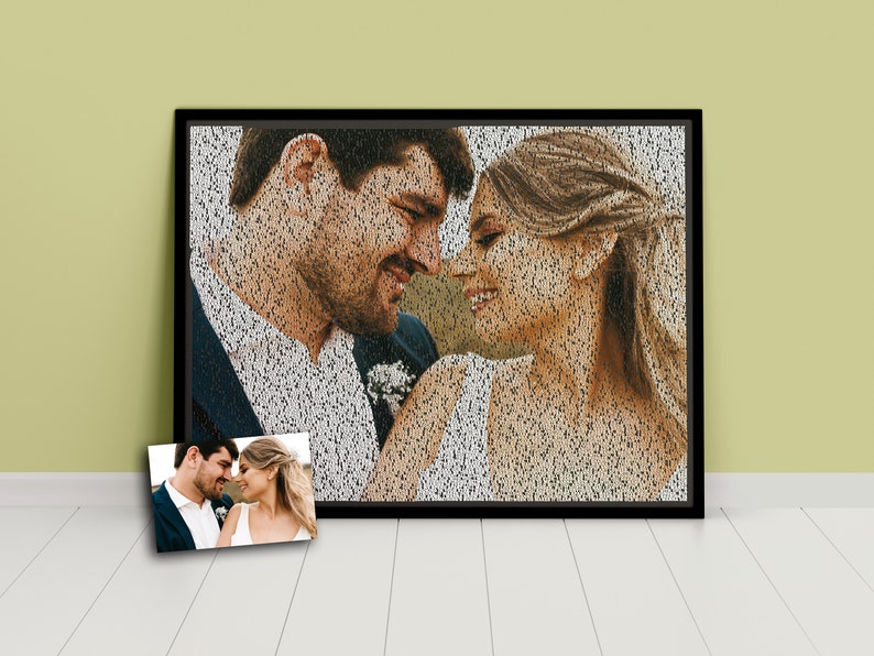 May include: A black and white photo of a couple looking at each other. The photo is made up of tiny words and is framed in a black frame.