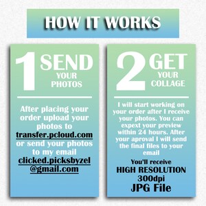 May include: A two-step guide on how to create a photo collage. Step 1: Send your photos to transfer.pcloud.com or clicked.picksbyzel@gmail.com. Step 2: Get your collage in a high resolution 300dpi JPG file.