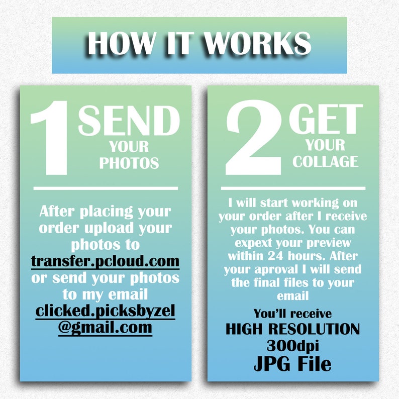 May include: A two-step guide on how to create a photo collage. Step 1: Send your photos to transfer.pcloud.com or clicked.picksbyzel@gmail.com. Step 2: Get your collage in a high resolution 300dpi JPG file.