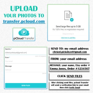 May include: A screenshot of a website with a blue and white logo that says "pCloud Transfer". The website allows users to upload photos to transfer.pcloud.com. The website also allows users to send large files up to 5 GB for free. The website is free and does not require registration.
