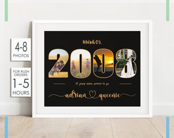 May include: A black and gold framed print with a black background and gold numbers "2008" with photos of a couple inside each number. The text "March 05." is above the numbers and the text "15 years down, forever to go. adrian queenie" is below the numbers.