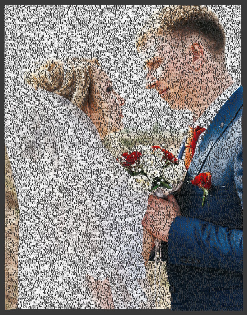 May include: A bride and groom are smiling at each other. The bride is wearing a white dress and the groom is wearing a blue suit. They are holding a bouquet of red roses.