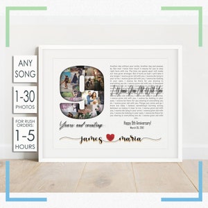 9th Year Wedding Anniversary Gift for Wife, Gift for Husband, 9 Year Anniversary Collage, Number Photo Collage, Song Lyrics Print