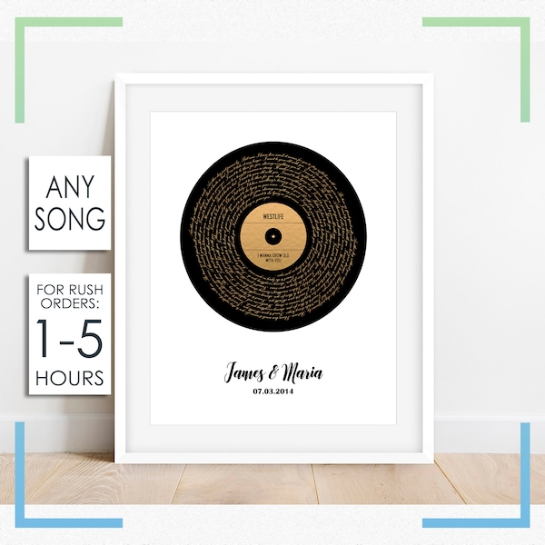 Gold Vinyl Record Song Lyrics Print, Custom Gift for Couple, Song Lyrics Record Wall Art, Anniversary Gift for Husband and Wife