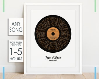 May include: A white framed print of a black vinyl record with the lyrics of the song "I Wanna Grow Old With You" by Westlife printed in gold. The names "James & Maria" and the date "07.03.2014" are printed below the record.