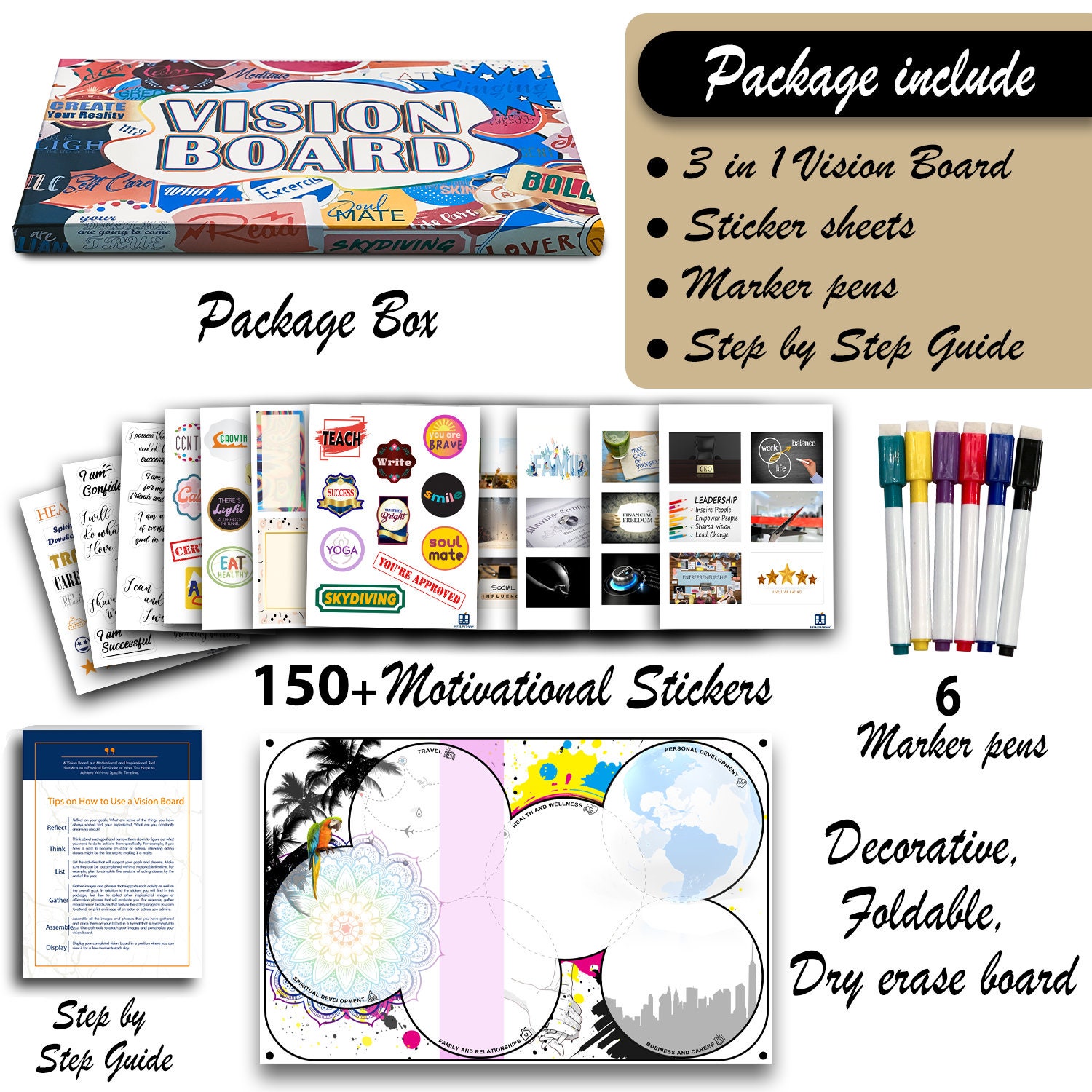 Dry Erase Vision Board Kit, Foldable Dream Board, 150 Motivational