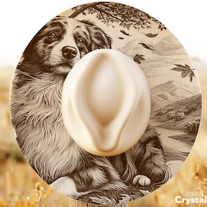 May include: A wide brim hat engraving template digital download PNG featuring a detailed brown illustration of a dog, a mountain landscape, and falling leaves. The text reads Wide Brim Hat Engraving Template, DIGITAL DOWNLOAD PNG, and Digital Crystall.