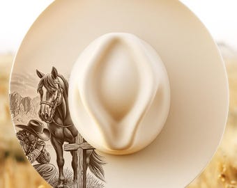 Praying Cowboy with Cross Engraving PNG, Horse Wide Brim Hat Design, Western Digital Download, Cowboy Hat File, Faith Ranch Laser Engraving
