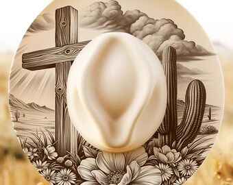 Wooden Cross Desert Wildflowers Engraving PNG, Cactus Wide Brim Hat Design, Christian Digital Download, Desert Faith Laser Engraving