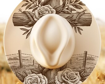 Rustic Log Cross Roses Engraving PNG, Barbed Wire Wide Brim Hat Design, Western Digital Download, Ranch Rose Laser Engraving