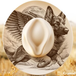 May include: A wide brim hat engraving template digital download PNG featuring a brown line art illustration of a German Shepherd dog with large feathered wings, flying through clouds toward a full moon, centered on a circular cream background.
