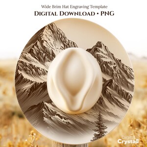 Plantilla de sombrero con paisaje de montaña, plantilla de sombrero de ala ancha, archivo de sombrero grabado con láser, PNG de sombrero quemado, PNG de ala ancha