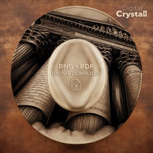 May include: A sepia-toned digital download graphic featuring a classical building with columns and text. The central element is a light-colored oval with the text "PNG + PDF DIGITAL DOWNLOAD" and a download icon. The background is a circular design.