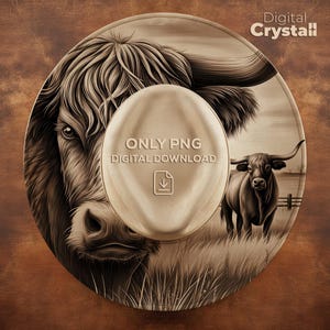 May include: A digital illustration of a Highland cow in shades of brown and beige. The image includes the text "ONLY PNG DIGITAL DOWNLOAD" and a download icon. The artwork has a vintage style, with a detailed depiction of the cow and a rural scene.