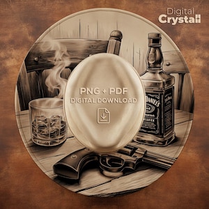 May include: Sepia-toned digital art print featuring a whiskey glass with ice, a bottle of whiskey, a revolver, and a chair. The image includes the text "PNG + PDF DIGITAL DOWNLOAD".