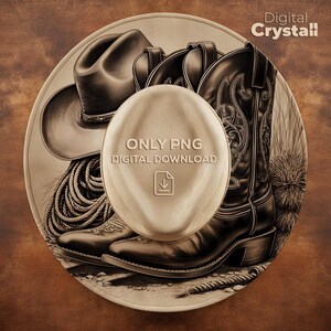 May include: A sepia-toned illustration features a cowboy hat, boots, and a rope, arranged in a circular design. The boots have intricate stitching. A central oval displays the text "ONLY PNG DIGITAL DOWNLOAD" and a download icon. The words "Digital Crystall" are in the upper right.