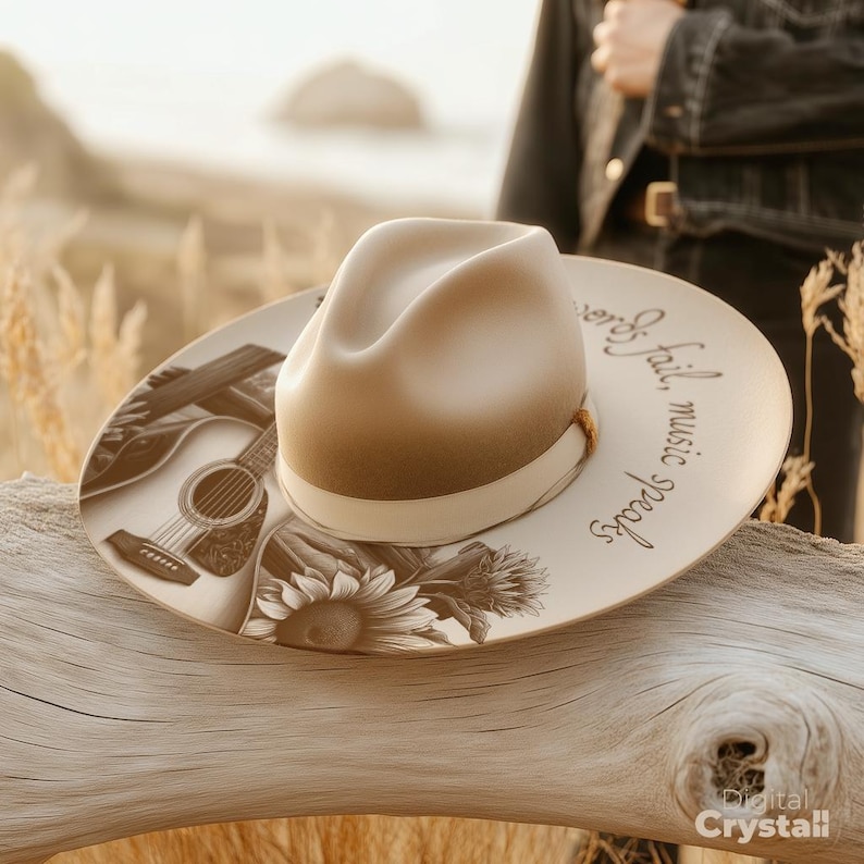 Guitar & Sunflower Hat Burning Design, Wide Brim Hat Pattern, Laser ...