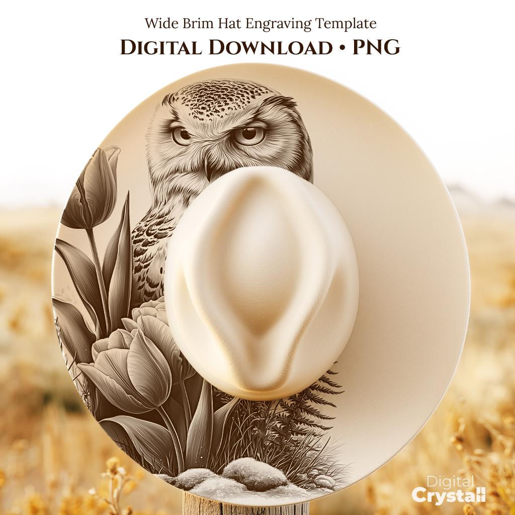 Snowy Owl Hat Engraving Template Winter Flowers Laser Cut File Arctic Bird & Tulips PNG Wide Bri