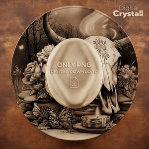 May include: A sepia-toned digital artwork featuring a cow skull, flowers, butterflies, and a candle. The central element is a hat-shaped design with the text "ONLY PNG DIGITAL DOWNLOAD" and a download icon. The artwork has a detailed, vintage aesthetic.