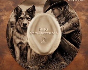 Cowgirl with Dog near Fence Hat Burning Design, Laser Engraving Hat File, Hat Burning PNG, Wide Brim Hat Template, Engraving Hat Design