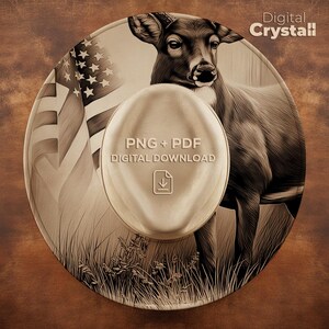 May include: A sepia-toned digital illustration features a deer with an American flag and the text "PNG + PDF DIGITAL DOWNLOAD". The image has a circular design with the words "Digital Crystall" at the top. The deer is the central focus of the image.