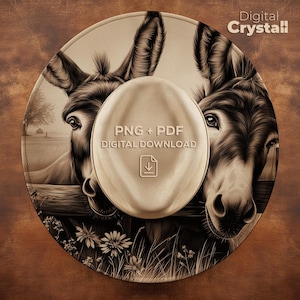May include: Circular digital download featuring two donkeys in sepia tones, with a wooden fence and wildflowers. The central design element includes the text "PNG + PDF DIGITAL DOWNLOAD" and a download icon. The image is branded with "Digital Crystall".
