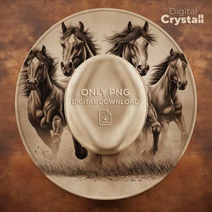May include: A beige cowboy hat featuring a detailed illustration of four running horses. The hat has the text "ONLY PNG DIGITAL DOWNLOAD" and a download icon. The background is a brown, textured surface.