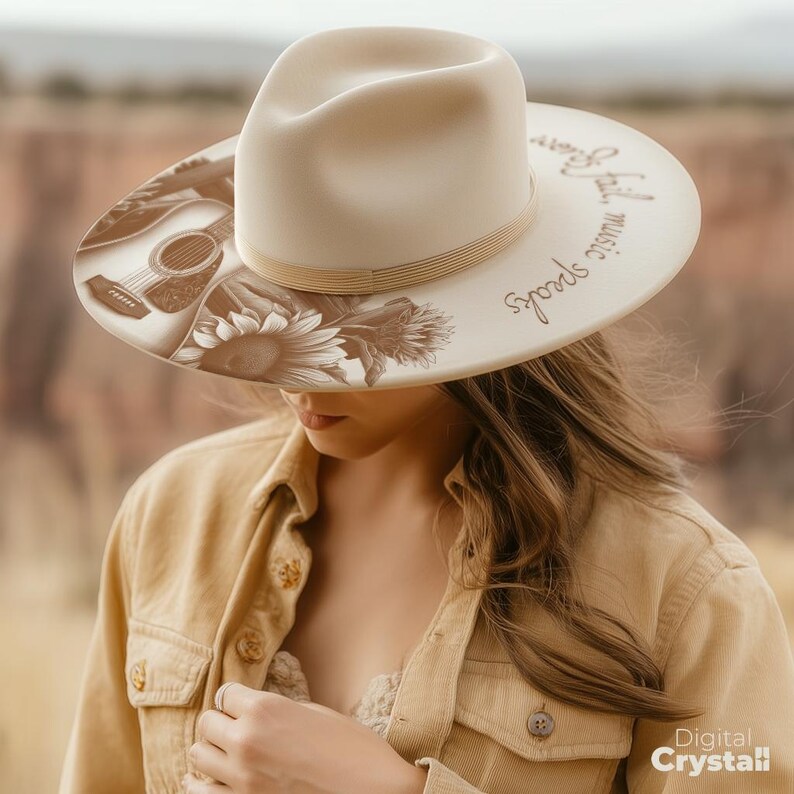 Guitar & Sunflower Hat Burning Design, Wide Brim Hat Pattern, Laser ...