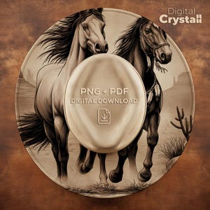 May include: A digital download graphic featuring two horses in a desert landscape. The horses are in sepia tones, with one wearing a bridle and feathers. The image includes the text "PNG + PDF DIGITAL DOWNLOAD" and the Digital Crystall logo.