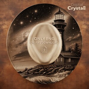 May include: A digital download graphic featuring a lighthouse scene with a starry sky and ocean waves. The design includes the text "ONLY PNG DIGITAL DOWNLOAD" and a download icon. The background is a sepia tone.