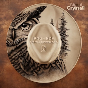 May include: A beige cowboy hat with an owl illustration and pine trees. The hat features the text "PNG + PDF DIGITAL DOWNLOAD" and "Digital Crystalll". The owl's detailed feathers and piercing eye are prominent.