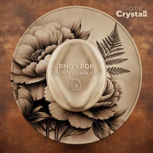 May include: A beige digital download design featuring a hat with floral and fern illustrations. The hat has the text "PNG + PDF DIGITAL DOWNLOAD" and a download icon. The words "Digital Crystall" are in the upper right corner.