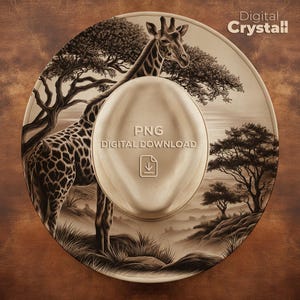 May include: A sepia-toned digital art piece featuring a giraffe standing in a savanna landscape. The image has a circular design with a central oval shape that reads "PNG DIGITAL DOWNLOAD" and a download icon. The words "Digital Crystall" are in the upper right corner.