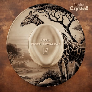 May include: A sepia-toned digital art piece featuring a giraffe and savanna landscape. The design includes a central oval with the text "PNG DIGITAL DOWNLOAD" and a download icon. The image is framed by a circular border with the text "Digital Crystall".