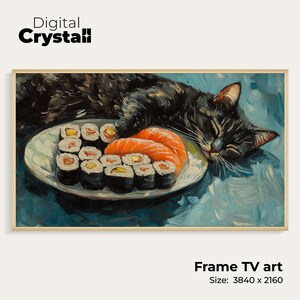 Sleeping Cat with Sushi Art | Cute Cat Digital Painting for Samsung Frame TV
