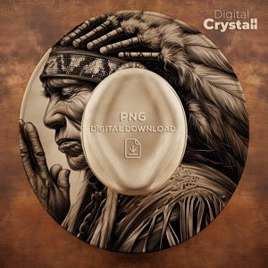 May include: A sepia-toned digital art piece featuring a Native American profile with a feathered headdress. A central, oval-shaped element displays "PNG DIGITAL DOWNLOAD" and a download icon. The artwork is circular, with the text "Digital Crystall" in the upper right corner.