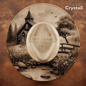 May include: Sepia-toned digital art print featuring a church, bridge, and stream. The image includes the text "PNG + PDF DIGITAL DOWNLOAD" and "Digital Crystall". The artwork has a vintage aesthetic, with a detailed landscape and a central, oval-shaped design element.