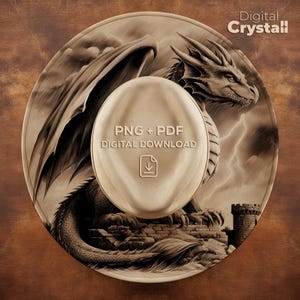 May include: A sepia-toned digital art piece featuring a detailed dragon perched on a stone structure, with a castle tower in the background. The dragon has large wings and is set against a stormy sky. The image includes the text "PNG + PDF DIGITAL DOWNLOAD".