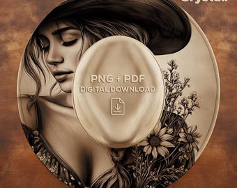 Western Cowgirl with Flowers Wide Brim Hat Template, Burned Hat Templates, Hat Burning PNG, Laser Engraving Hat Design, Wide Brim PNG