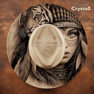 Może przedstawiać: Grafika do pobrania cyfrowego w odcieniach sepii przedstawiająca tygrysa i Indiankę. Kobieta ma plemienną farbę do twarzy i nakrycie głowy z piórami. Tekst "PNG + PDF DIGITAL DOWNLOAD" znajduje się na owalnym kształcie z ikoną pobierania. Słowa "Digital Crystalll" znajdują się w prawym górnym rogu.